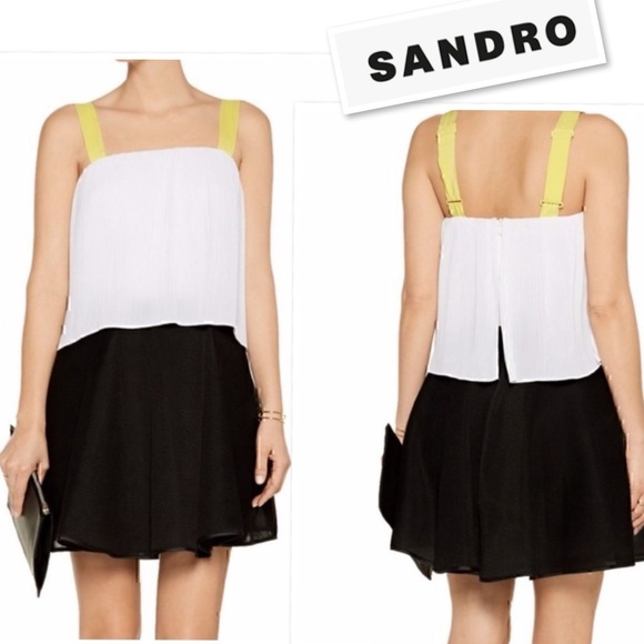 SANDRO Made In Portugal Two Tiered Color-block White/Black Yellow Plisse Dress 2 - Picture 1 of 11